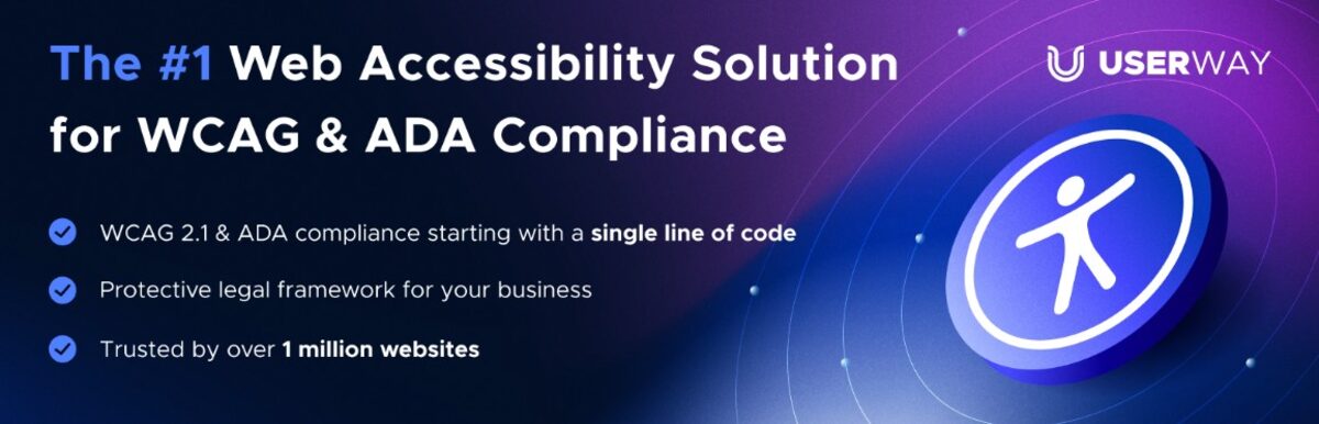 A UserWay prmkotional banner claims the top spot as a web accessibility solution for WCAG and ADA compliance, highlighting its single line of code setup and trust from over one million websites.