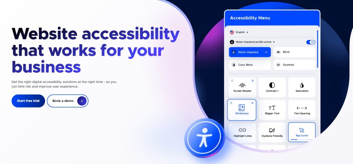 UserWay website accessibility widget displaying an accessibility menu with disability profiles and features, including screen reader, contrast, text spacing, highlight links, and dyslexia-friendly mode.