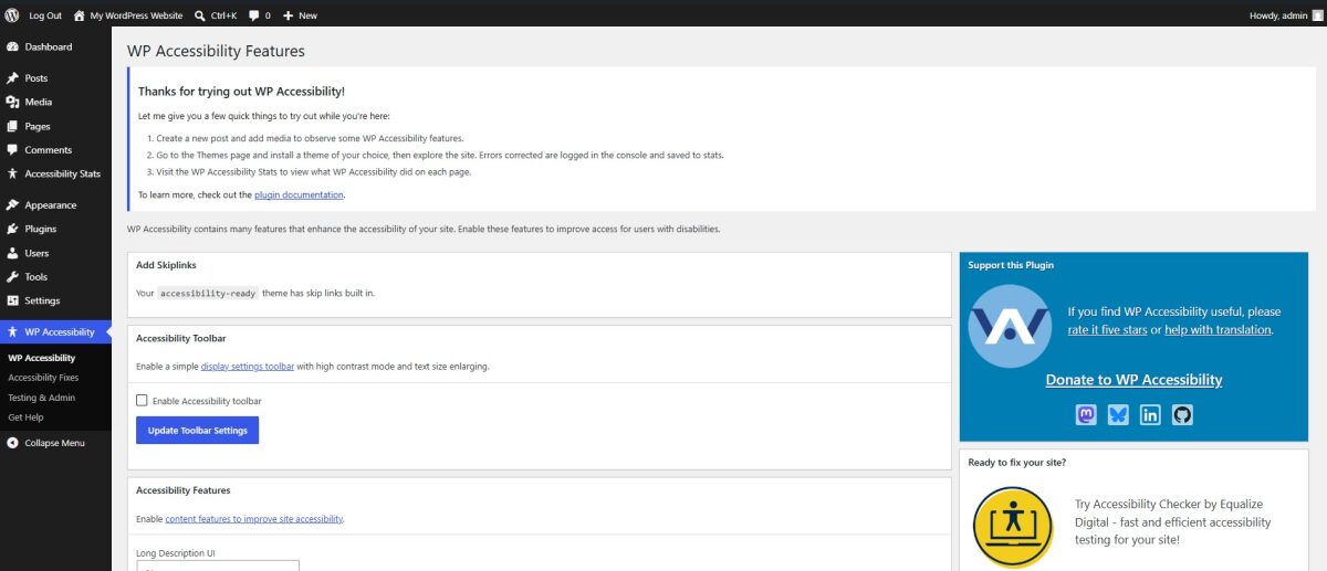 The WP Accessibility plugin settings page in the WordPress admin dashboard shows options to enable skiplinks, an accessibility toolbar, and other accessibility features.