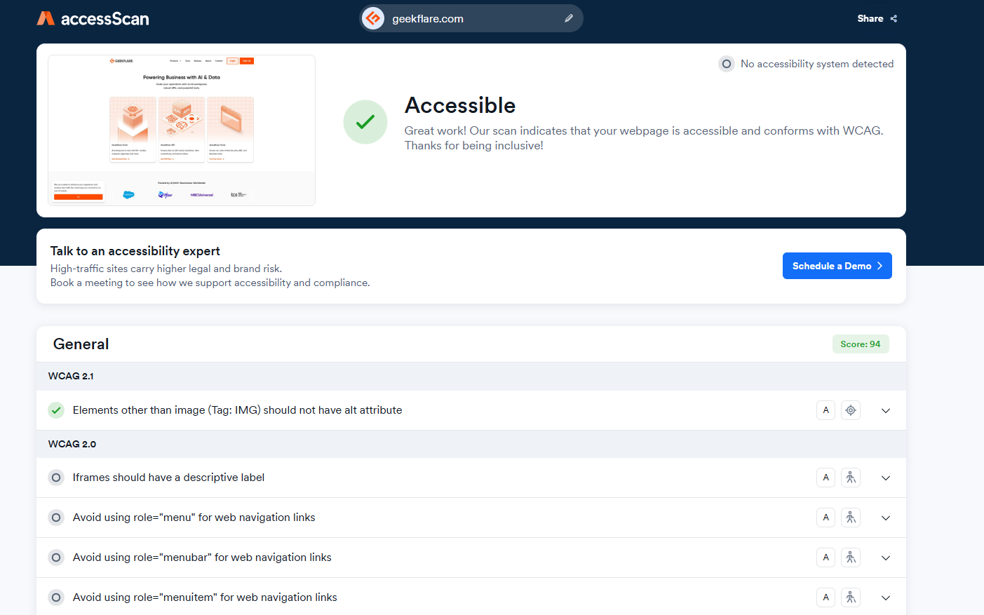 accessibe audit of geekflare.com