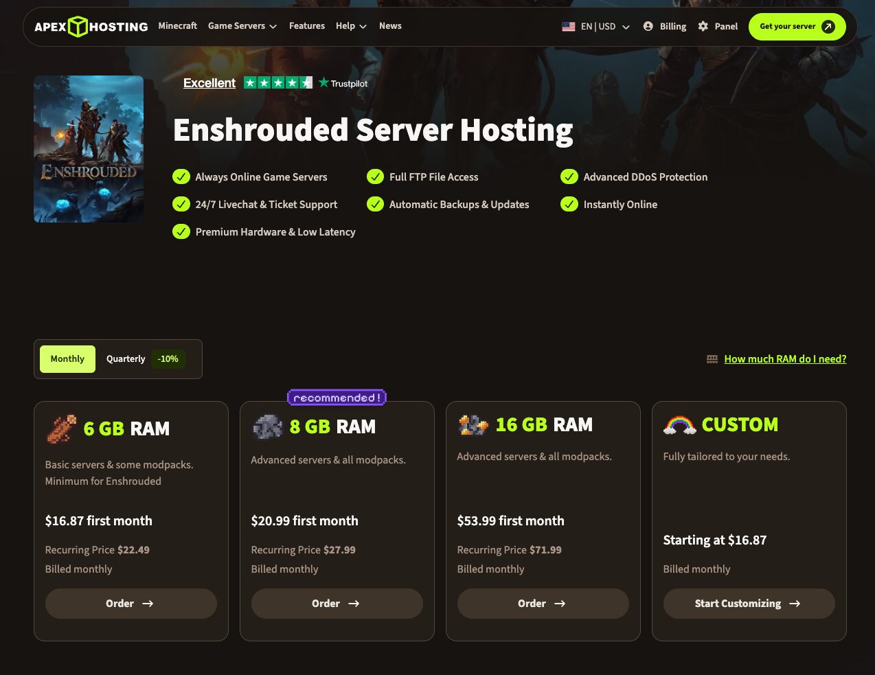 apex hosting enshrouded hosting page screenshot