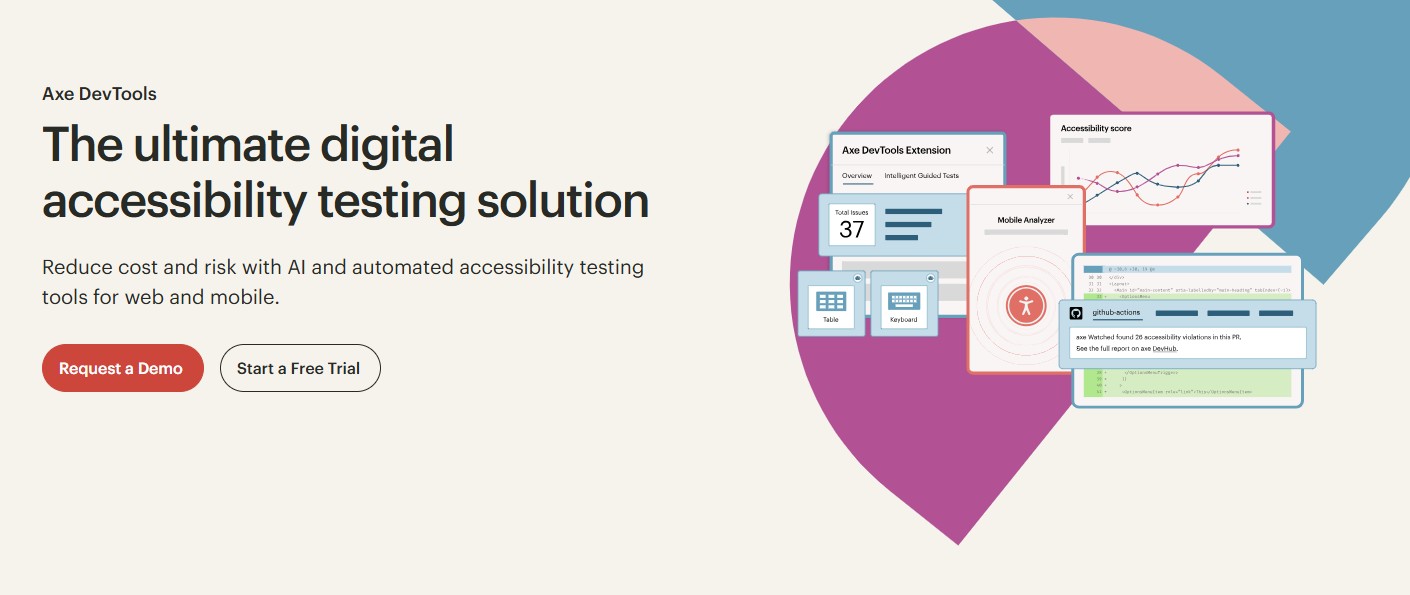 axe DevTools dashboard showing mobile analyzer, accessibility score, and GitHub Actions integration for web and mobile audits.