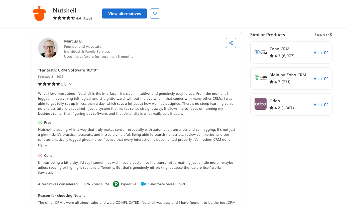 Capterra review of Nutshell