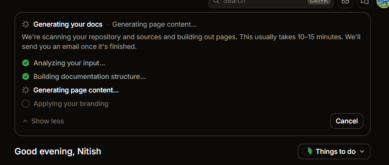 Mintlify trial generating a documentation structure.