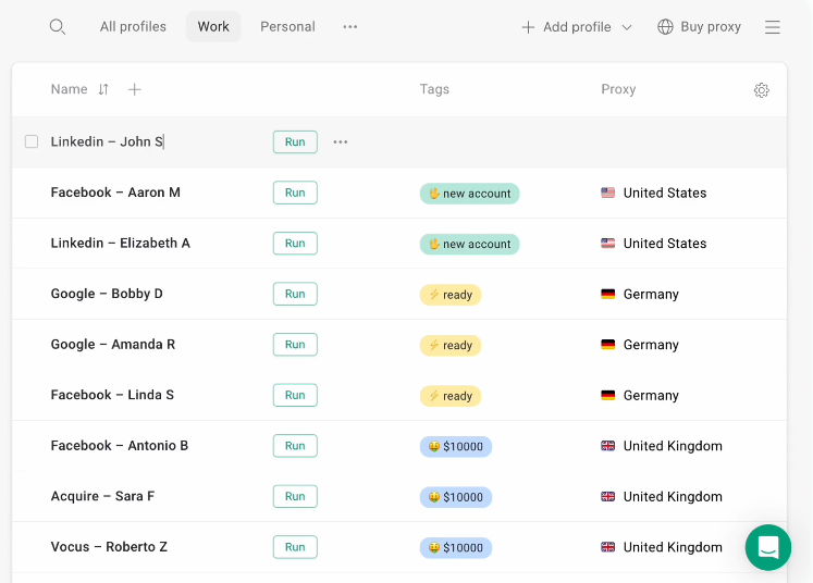 Dashboard of Gologin showing multiple profiles