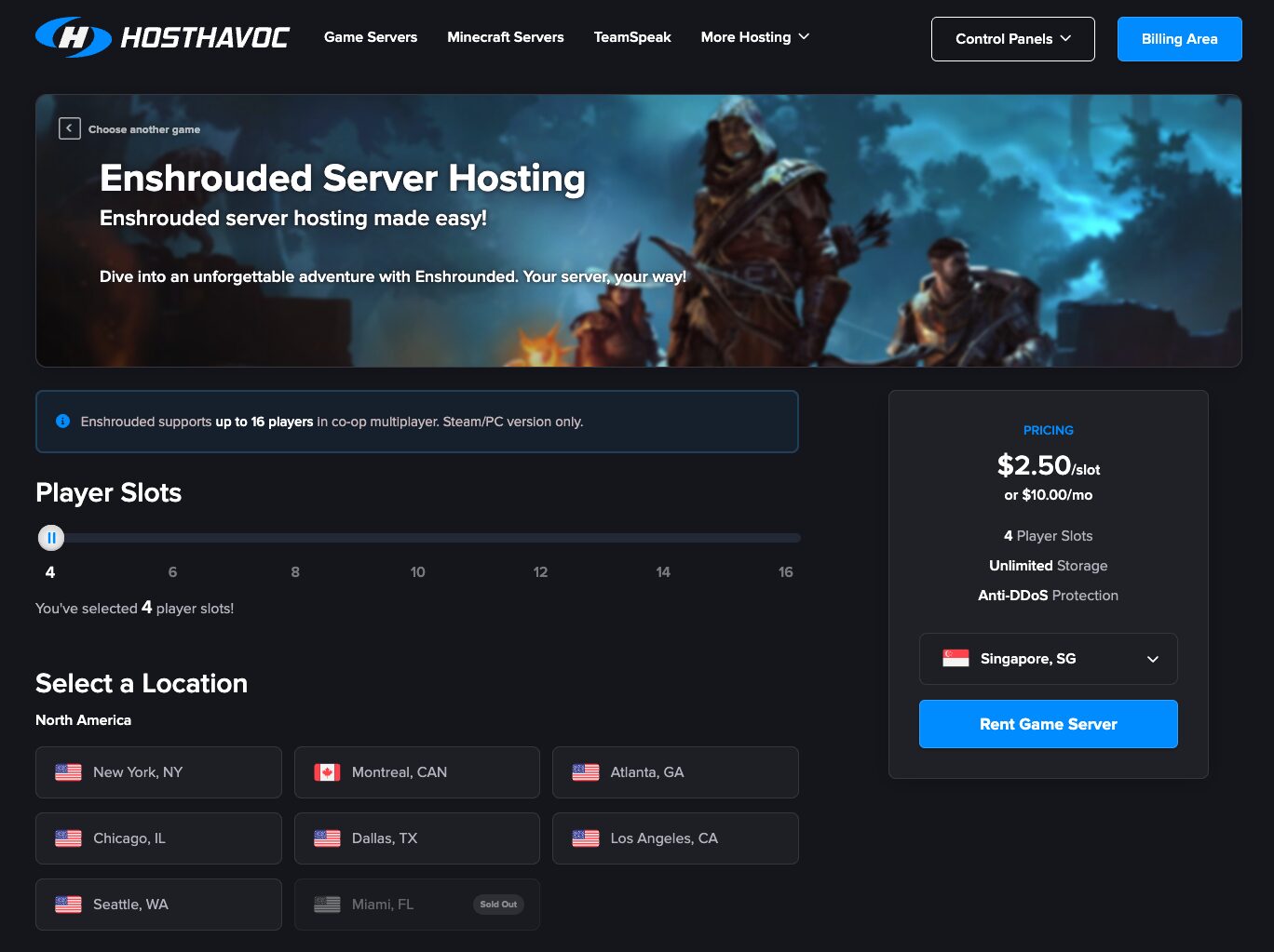 hosthavoc enshrouded hosting page screenshot