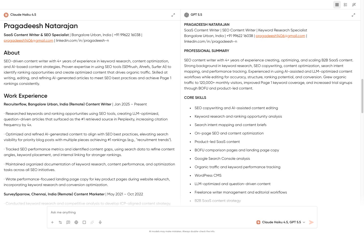 generate multiple resume versions using geekflare chat multi-model setup