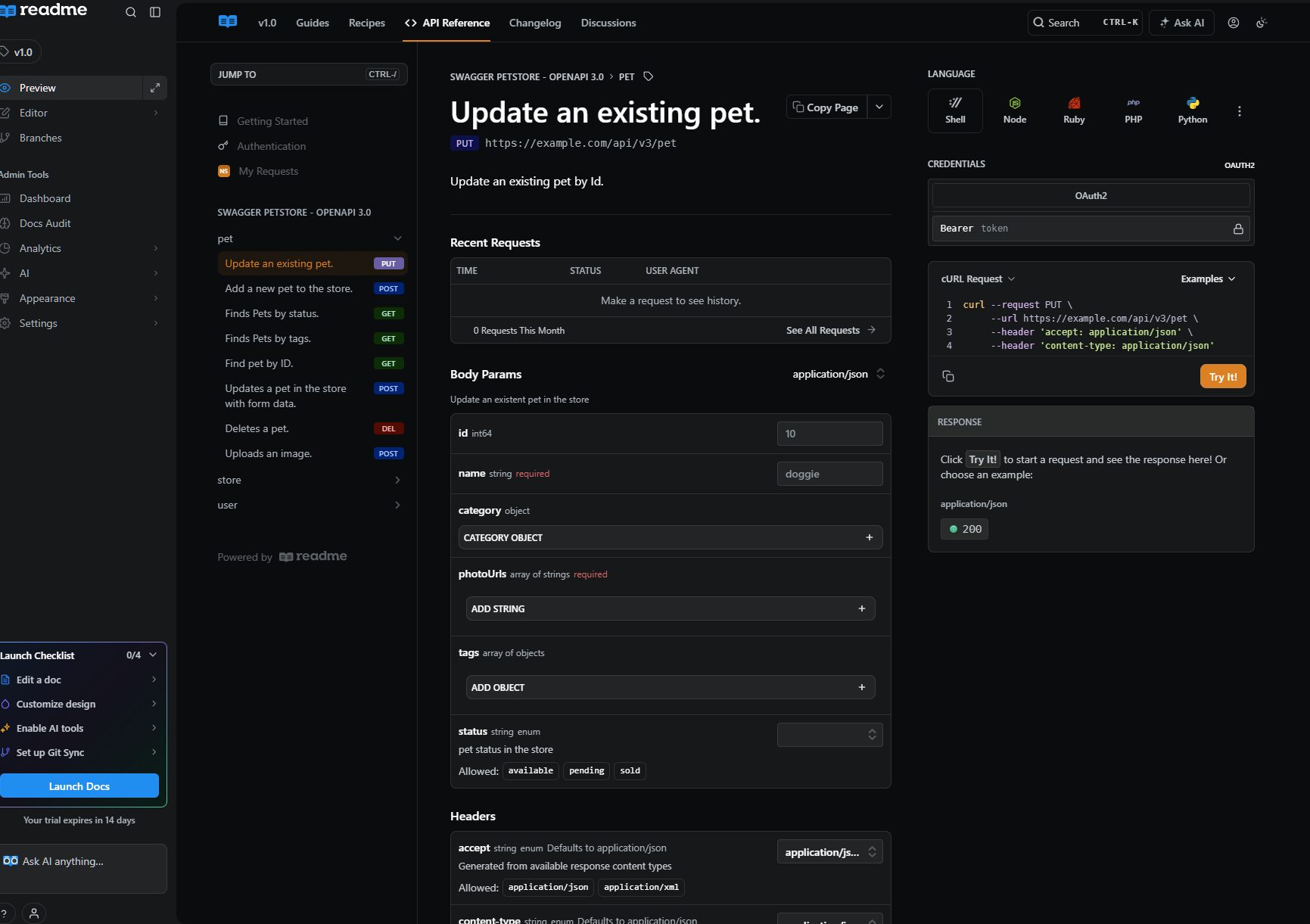 API documentation trial with Readme.com using a sample OpenAPI file.