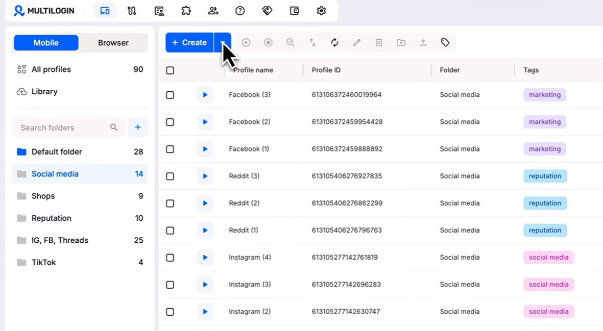 Dashboard of Multilogin showing multiple mobile profiles created for social media platforms.