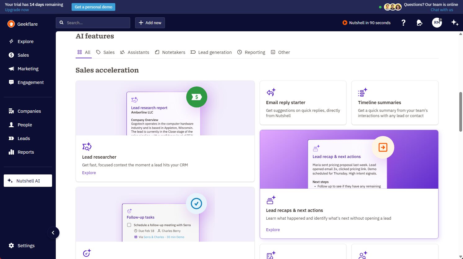 Nutshell AI dashboard tested by Rohit Mane, the writer showing various AI features offered.