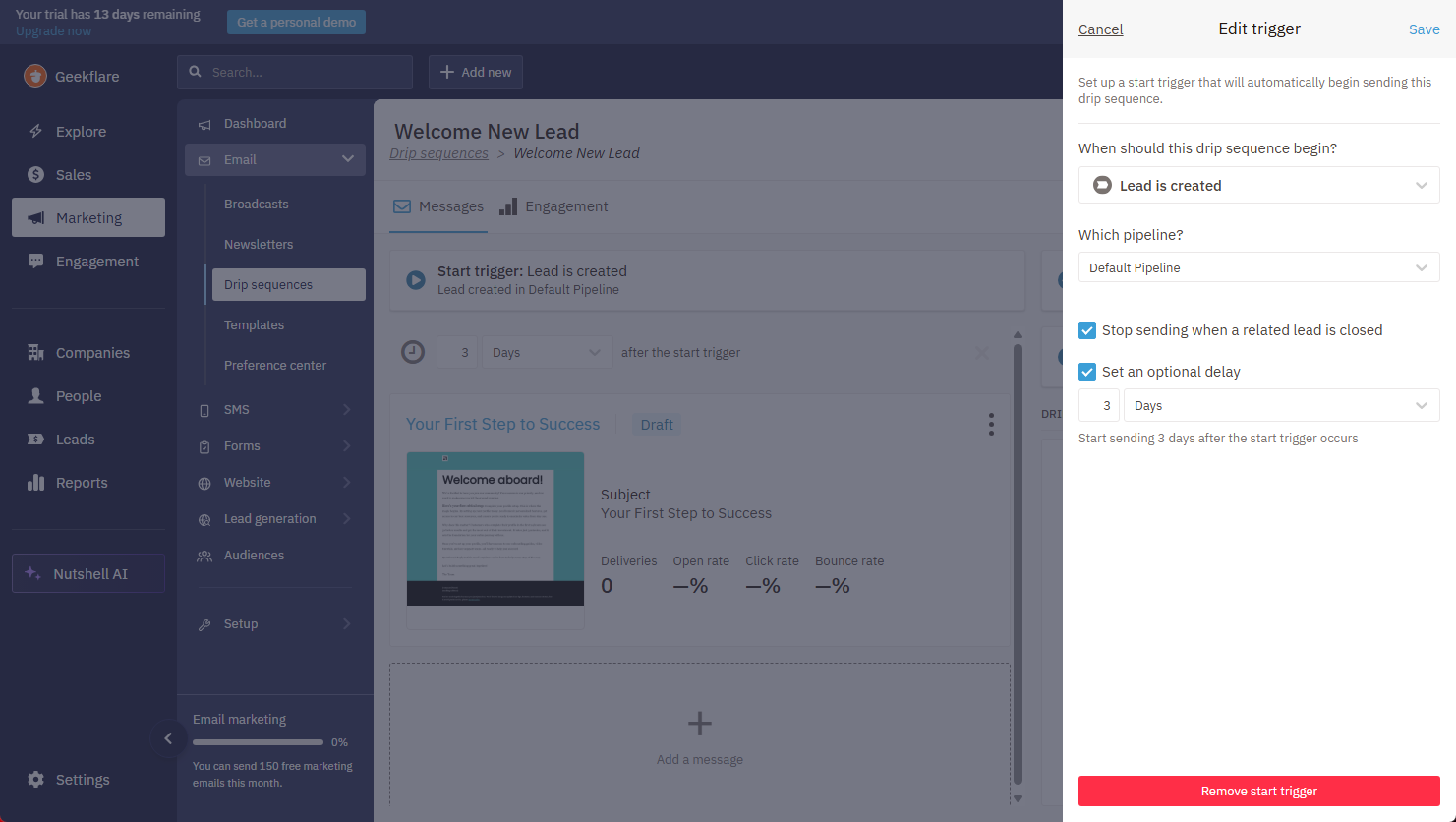 The writer Rohit Mane trying to create a drip email campaign using Nutshell CRM.