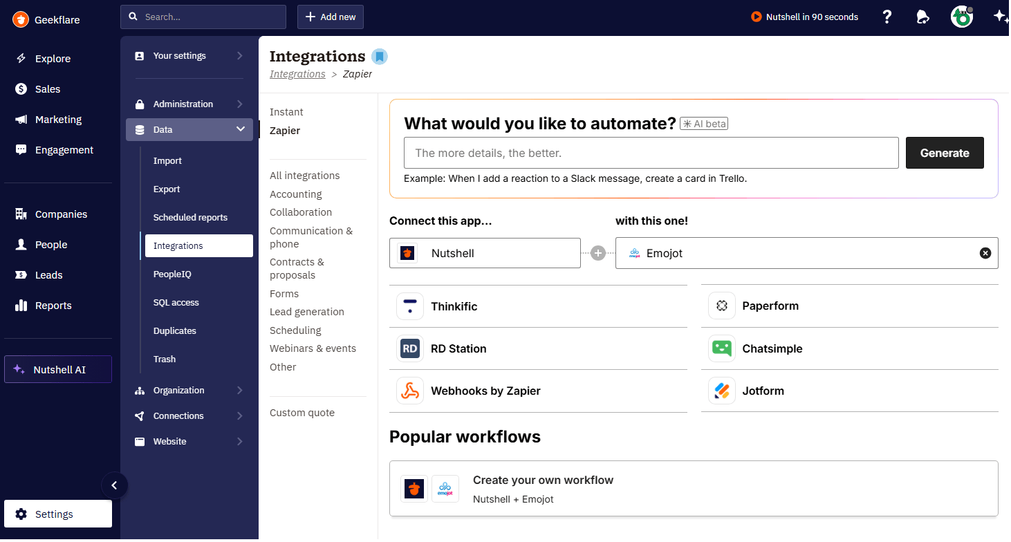 Nutshell CRM integrations available in Geekflare's trial plan.