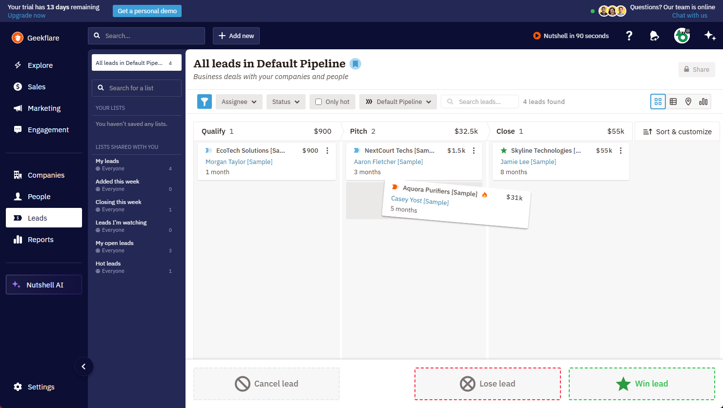 Nutshell CRM contact and lead management dashboard, demonstrated in Geekflare's trial plan.