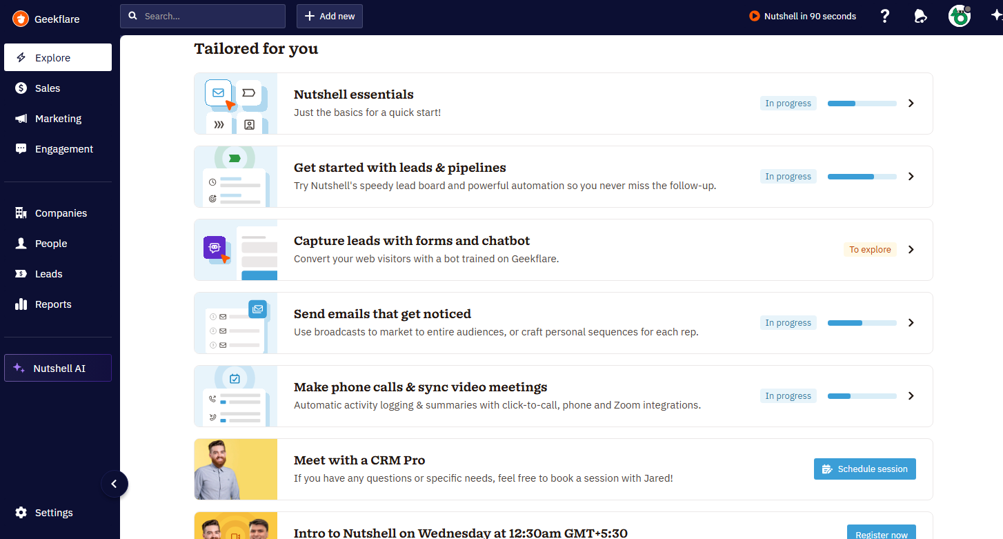 Nutshell dashboard for Geekflare showing all features offered.