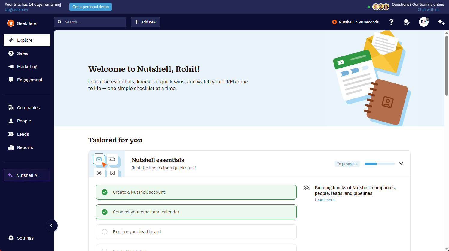 Nutshell CRM welcome dashboard of the writer after signing up.