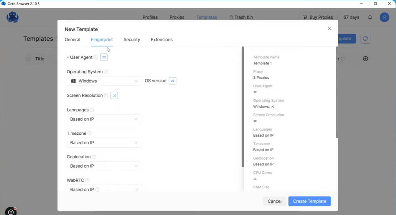 Creating a new profile with a unique fingerprint on Octo Browser.