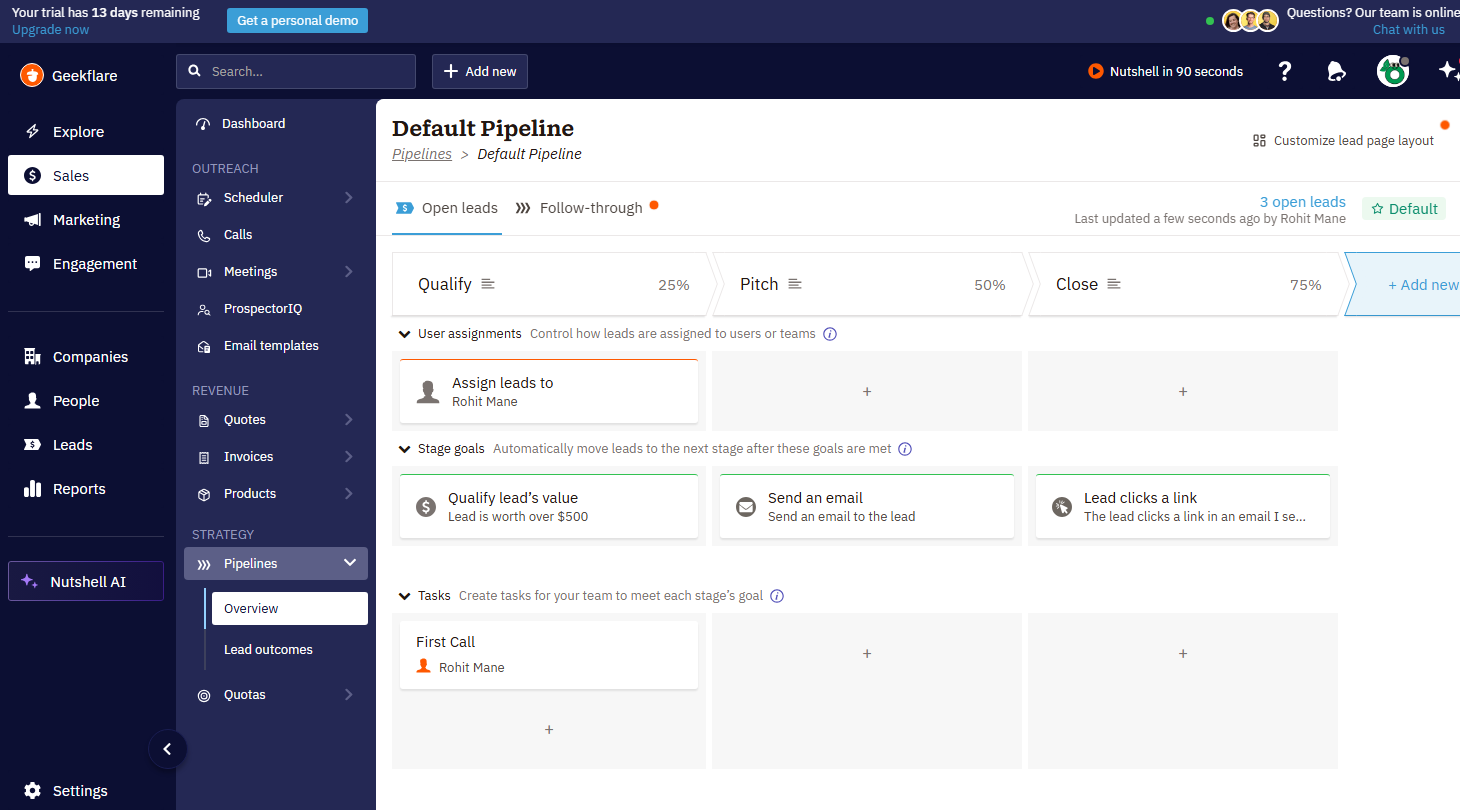 Nutshell CRM Pipeline and deal management on Geekflare's trial plan, showing Rohit Mane the writer as the lead manager.