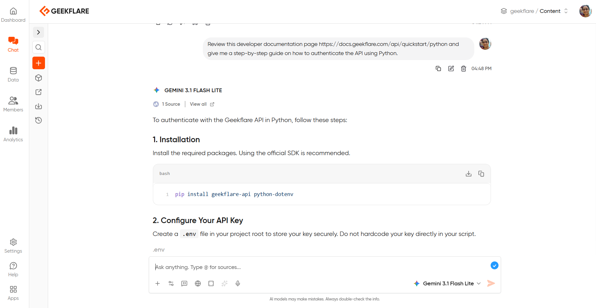 question to Geekflare chat on reading developer documentation page and its response