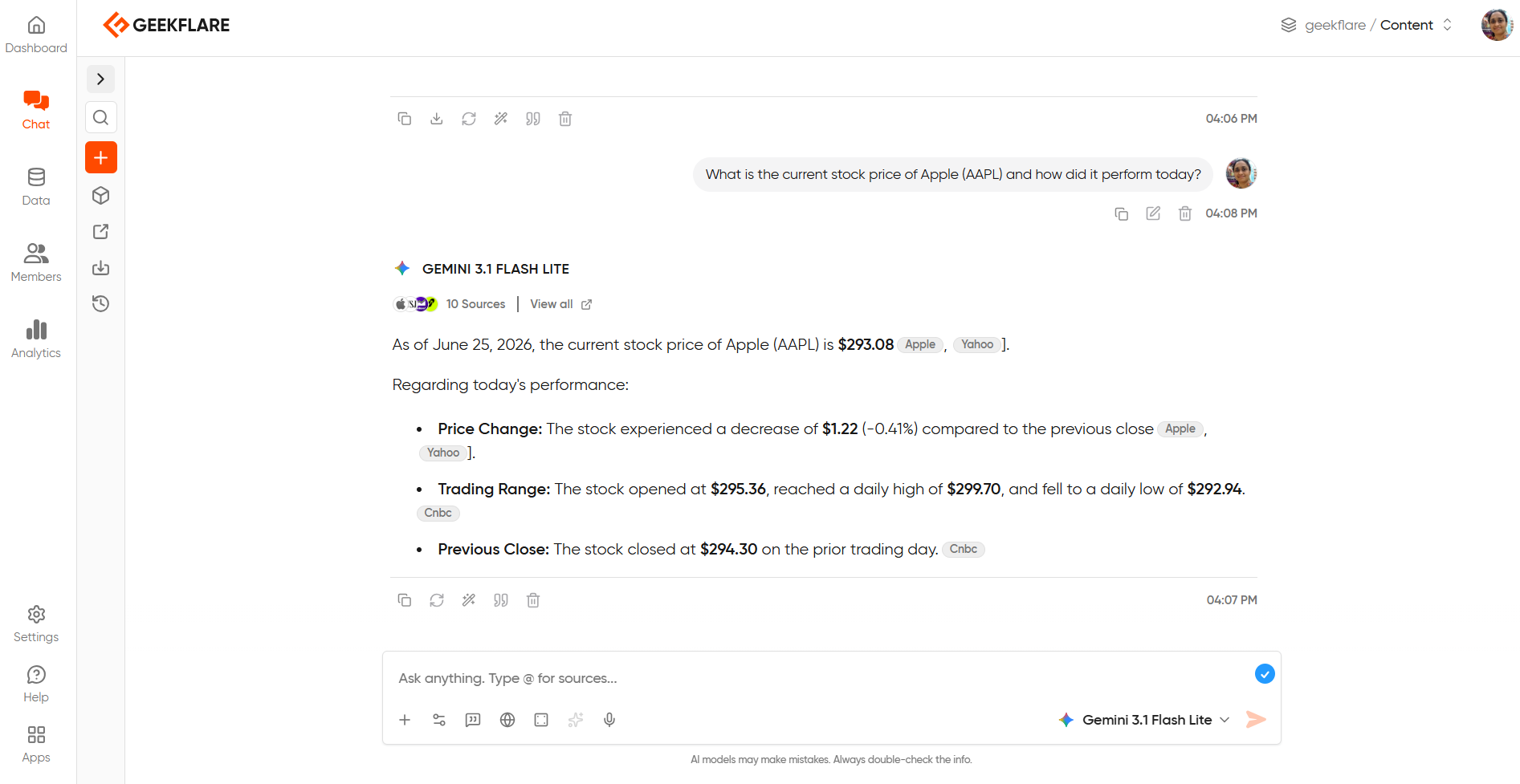question to Geekflare on Apple share price and its response