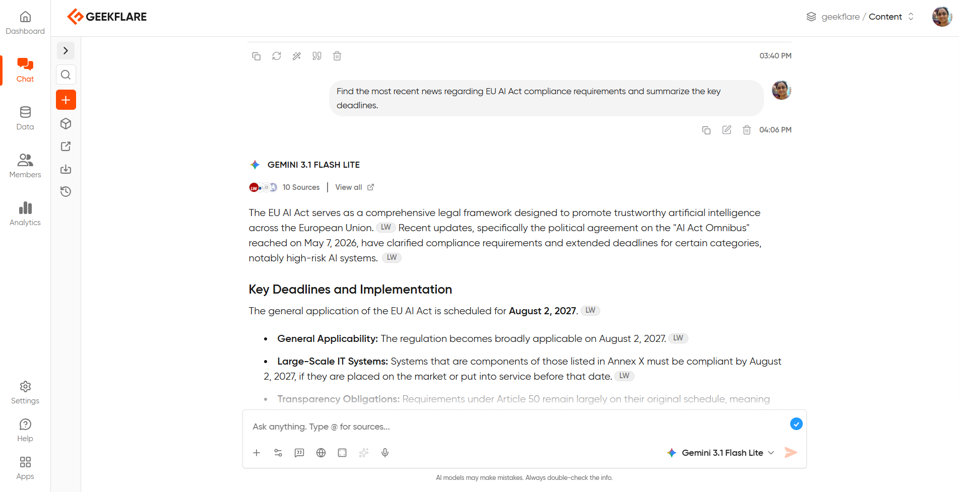 question to Geekflare on EU AI act and its response