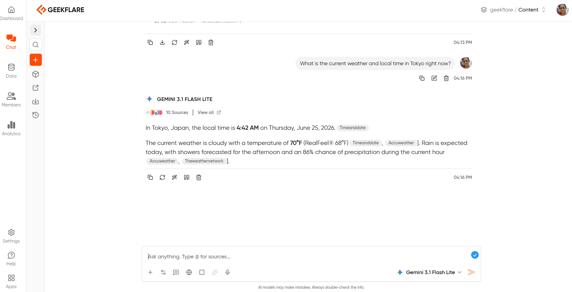 question to Geekflare chat on time and weather in Tokyo and its response
