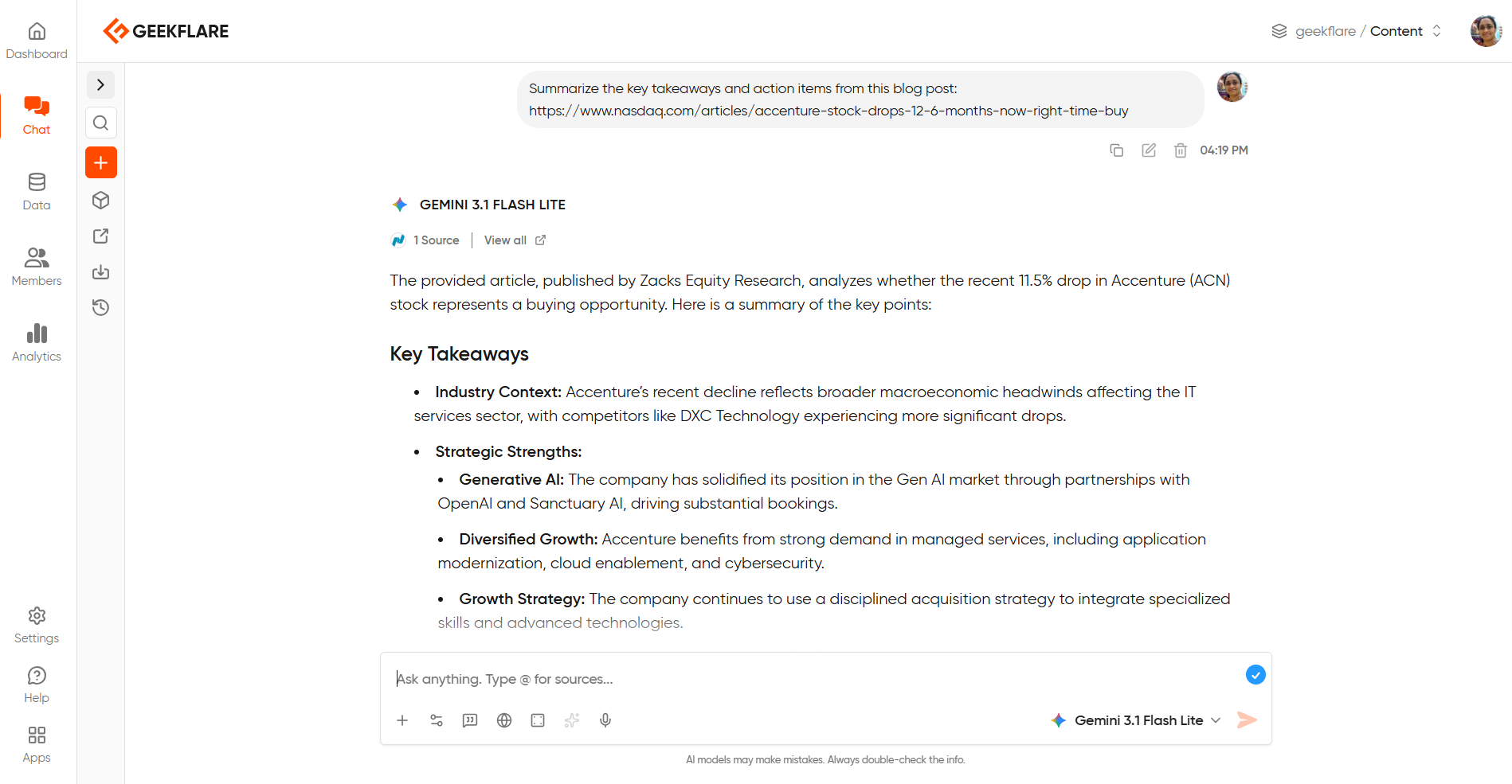 question to Geekflare chat on summarizing a blog post and its response