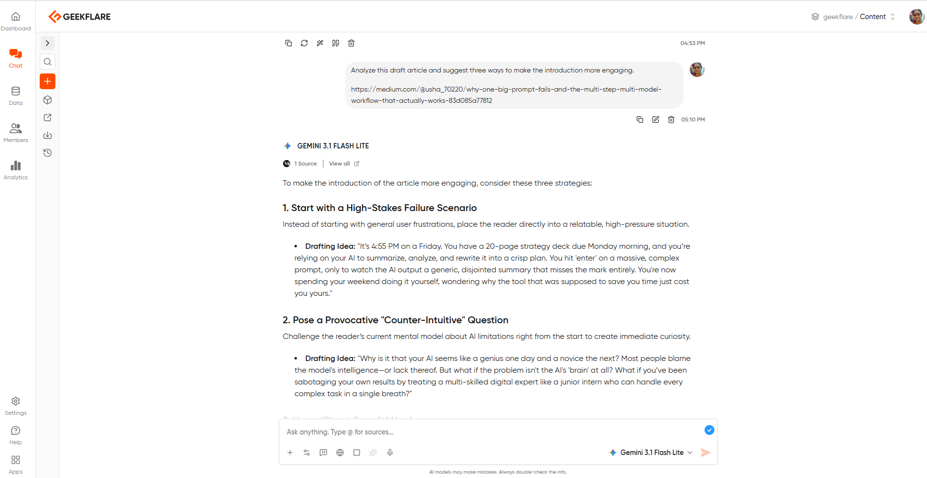 question to Geekflare chat on article improvement and its response