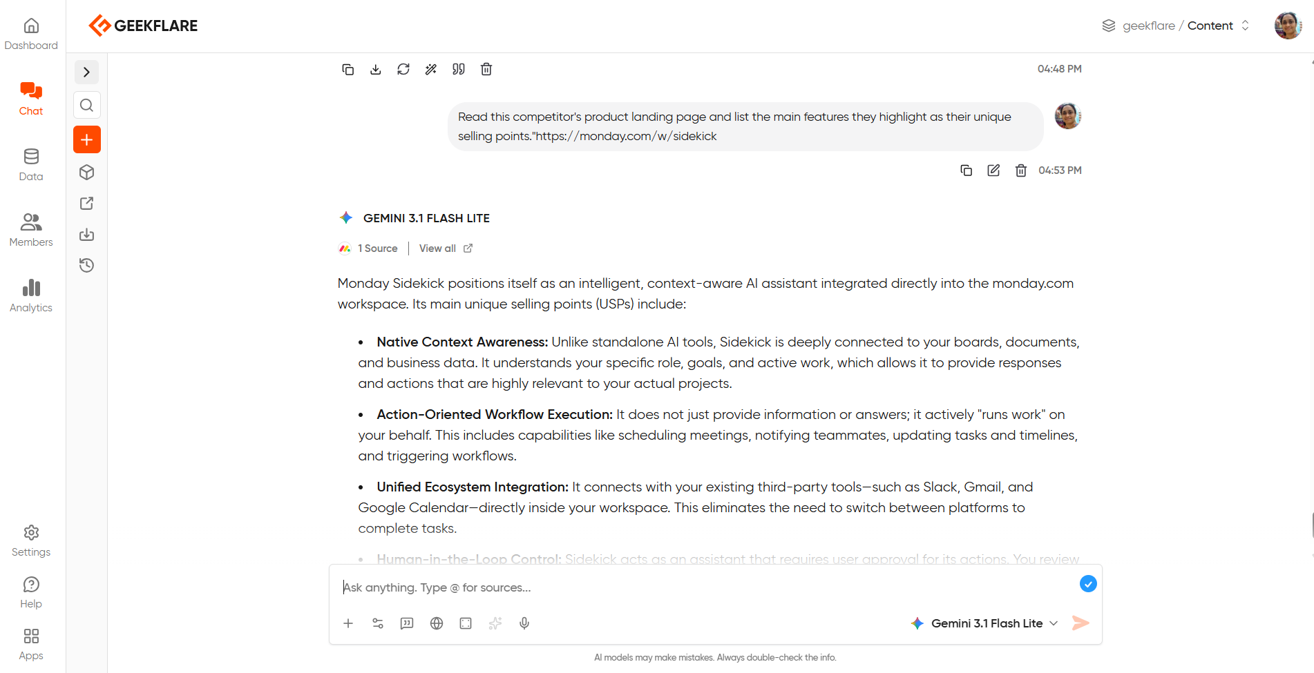 question to Geekflare chat on mondaycom sidekick features and its response