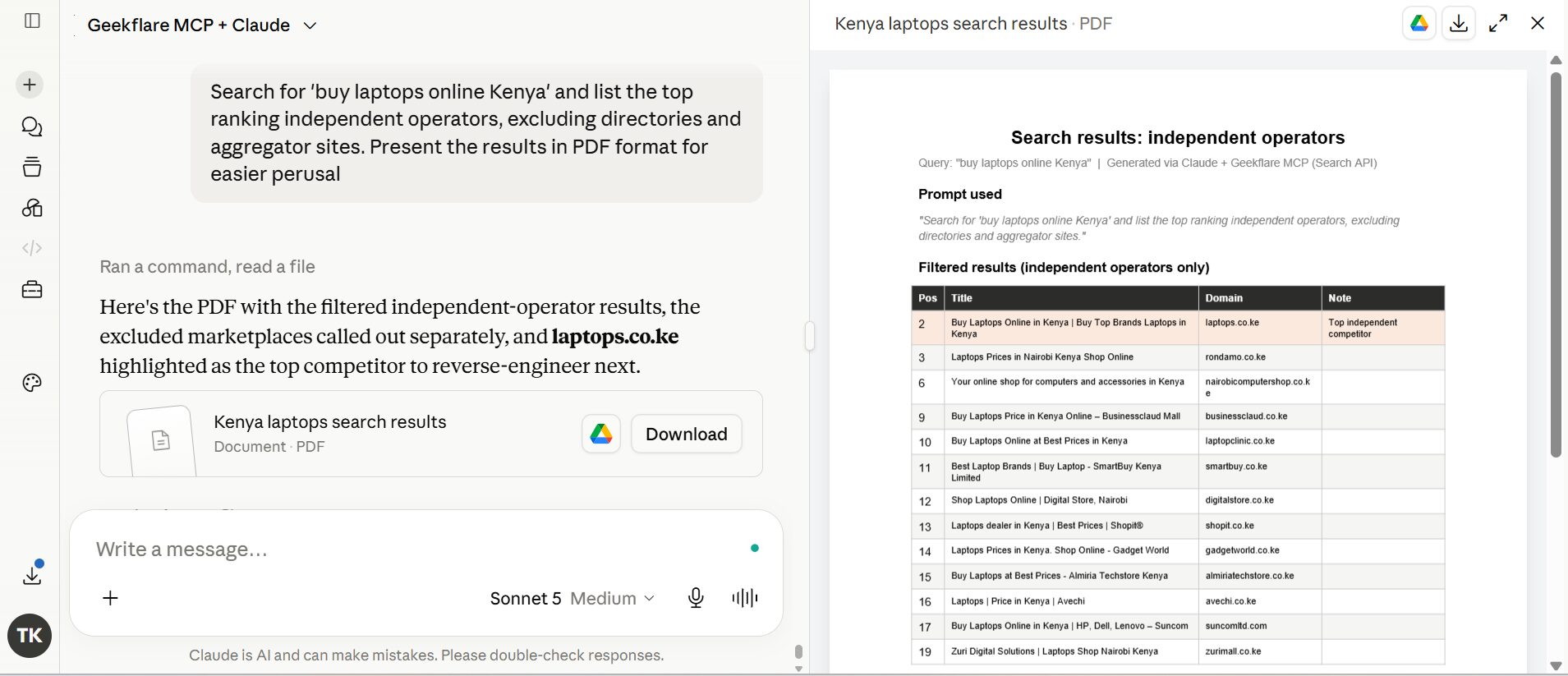 competitor search using Geekflare MCP and Claude