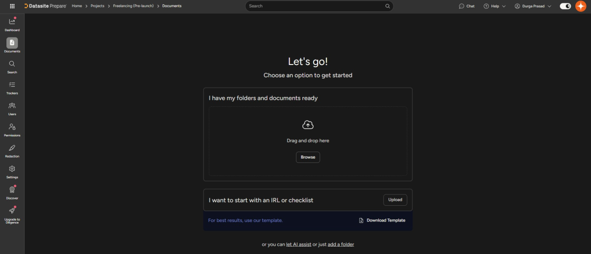 Datasite Prepare virtual data room setup screen showing document upload options and IRL checklist for due diligence.