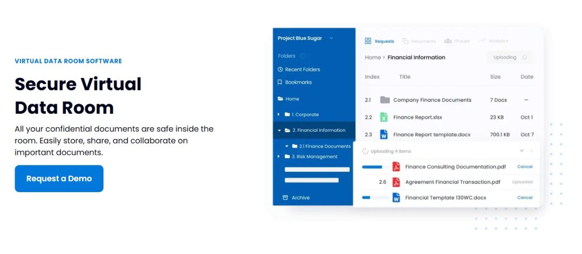 DealRoom virtual data room dashboard showing secure document folders, upload progress, and financial due diligence files.