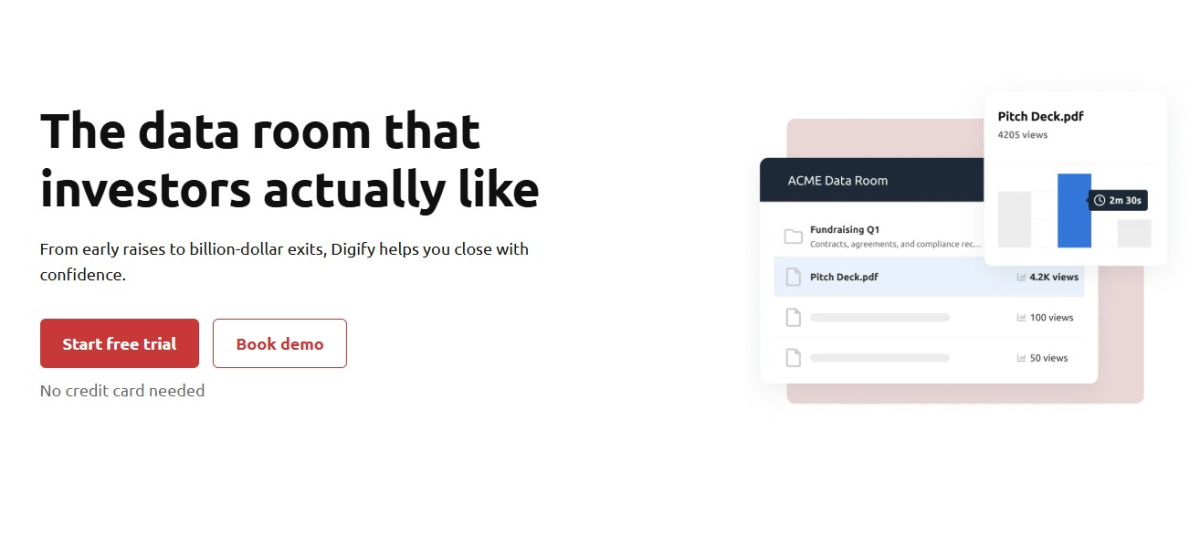 Digify data room homepage displaying pitch deck view analytics and fundraising document engagement tracking.
