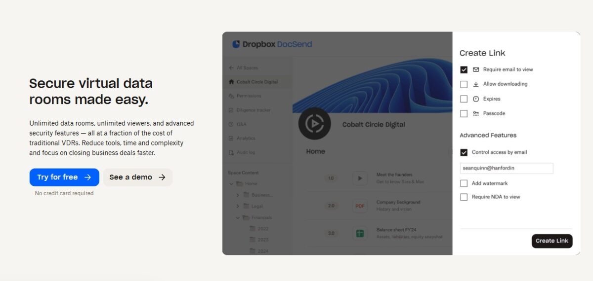 Dropbox DocSend virtual data room link settings showing email verification, watermark, and NDA access controls.
