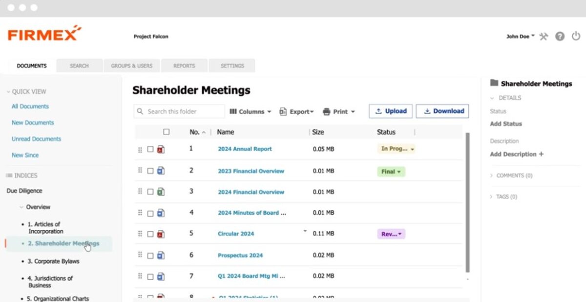 Firmex virtual data room interface showing shareholder meeting documents organized under a due diligence index.
