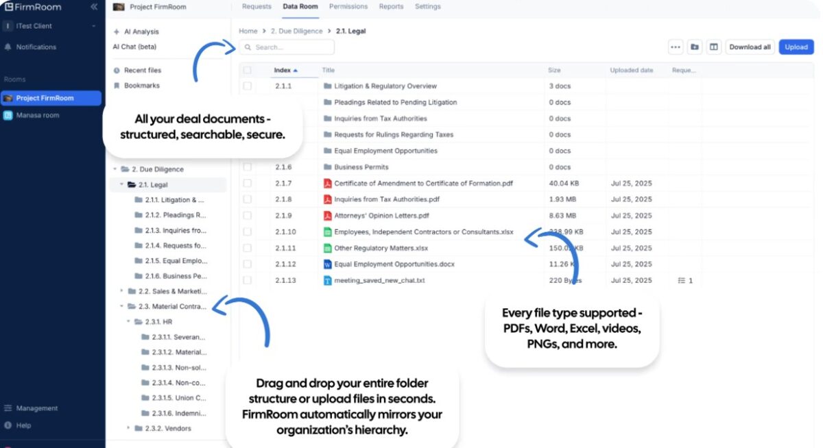 FirmRoom data room interface showing structured due diligence folders and drag-and-drop document upload for legal files.