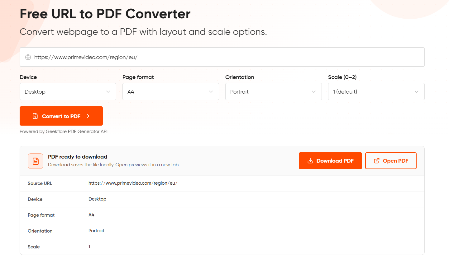 Free URL to PDF Convertor Response