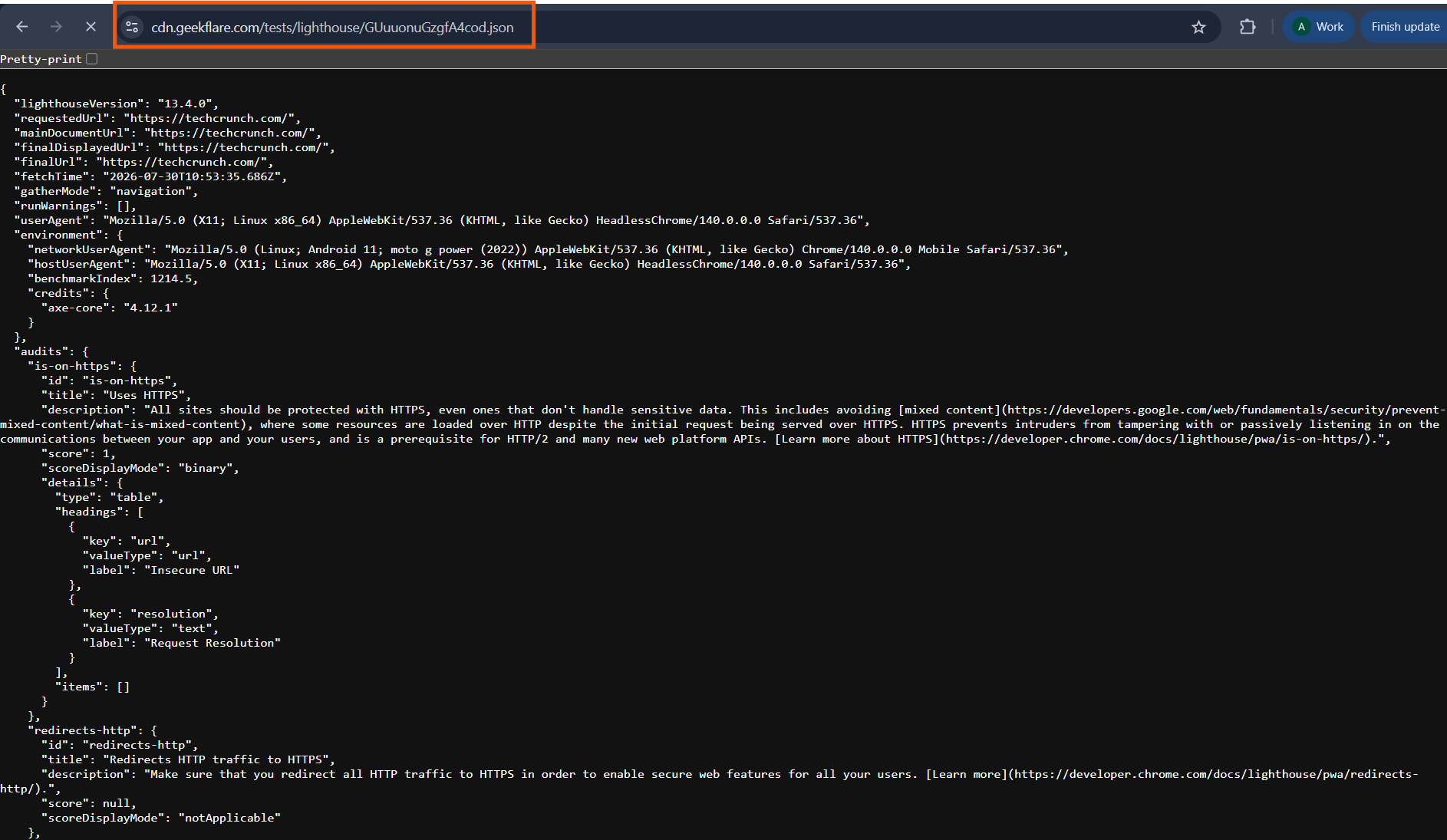 Geekflare Lighthouse API Response