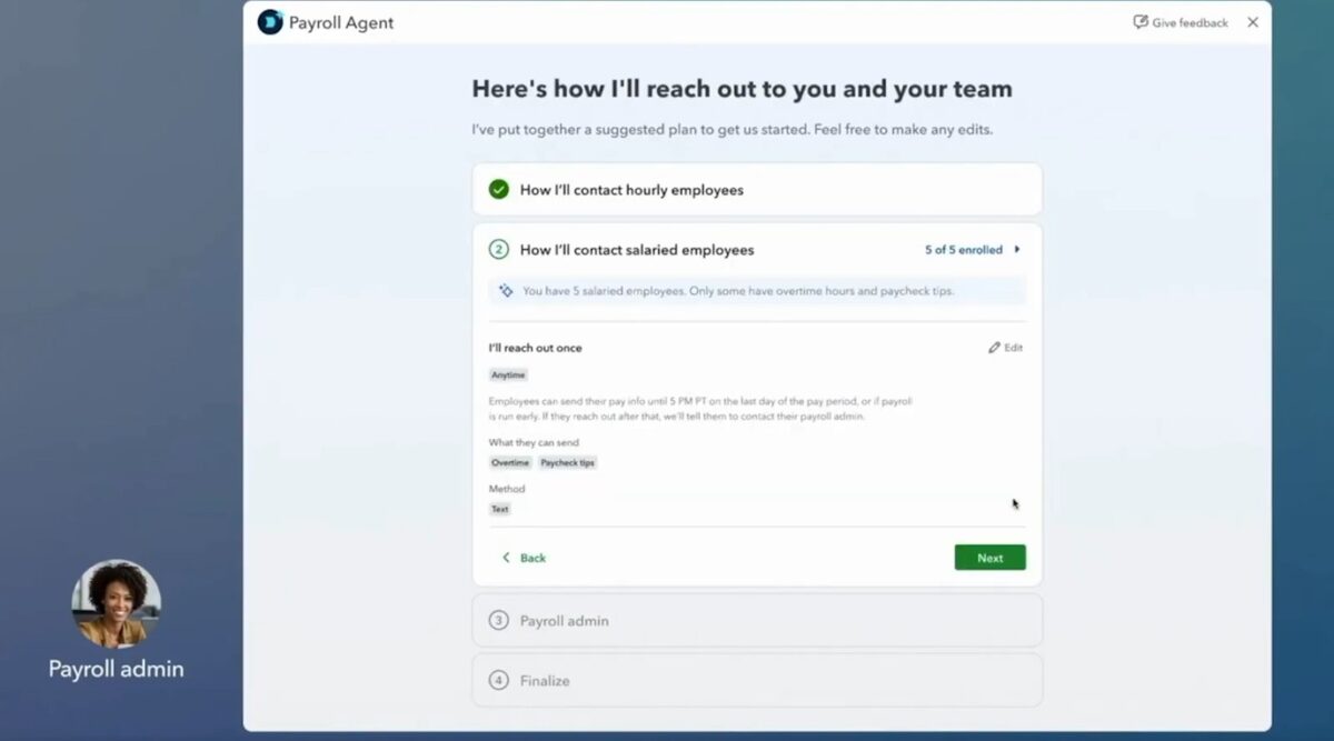Intuit Payroll Agent setup screen showing step-by-step plan to contact salaried employees for payroll data via text message.