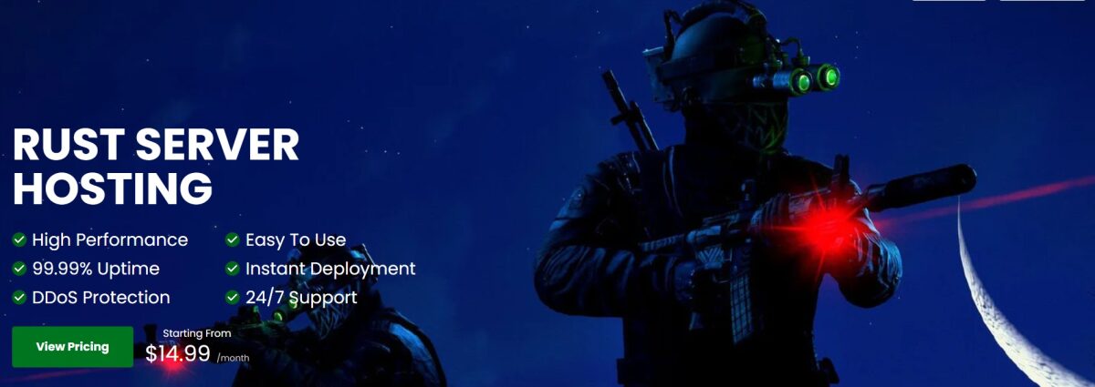PineHosting Rust server hosting banner featuring a soldier with night vision and a laser sight.