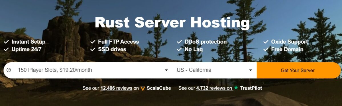 ScalaCube Rust server hosting banner with rocky forest background and server plan selection.