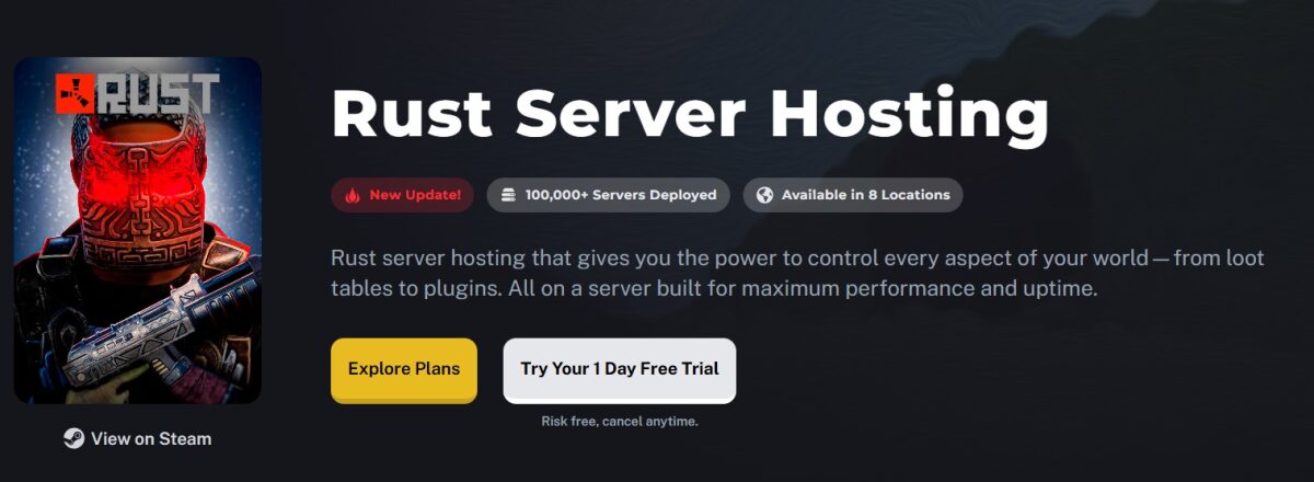 Sparked Host Rust server hosting banner with character wearing a glowing red mask.