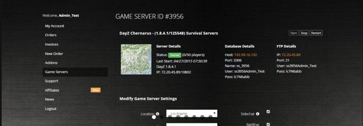 Survival Servers control panel showing DayZ Chernarus game server details and settings.