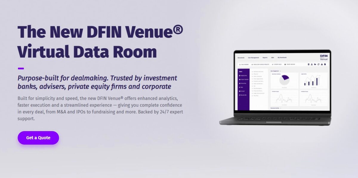 DFIN Venue virtual data room dashboard displayed on laptop showing deal engagement analytics and reporting charts