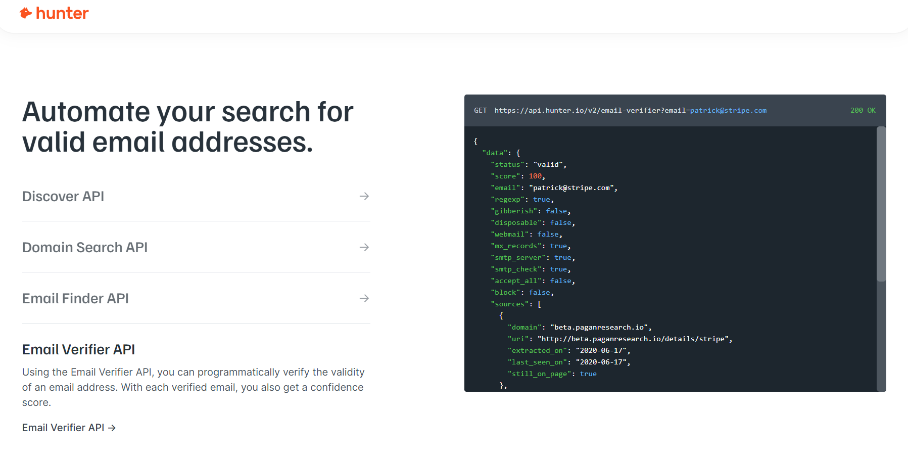 Hunter's email verifier API