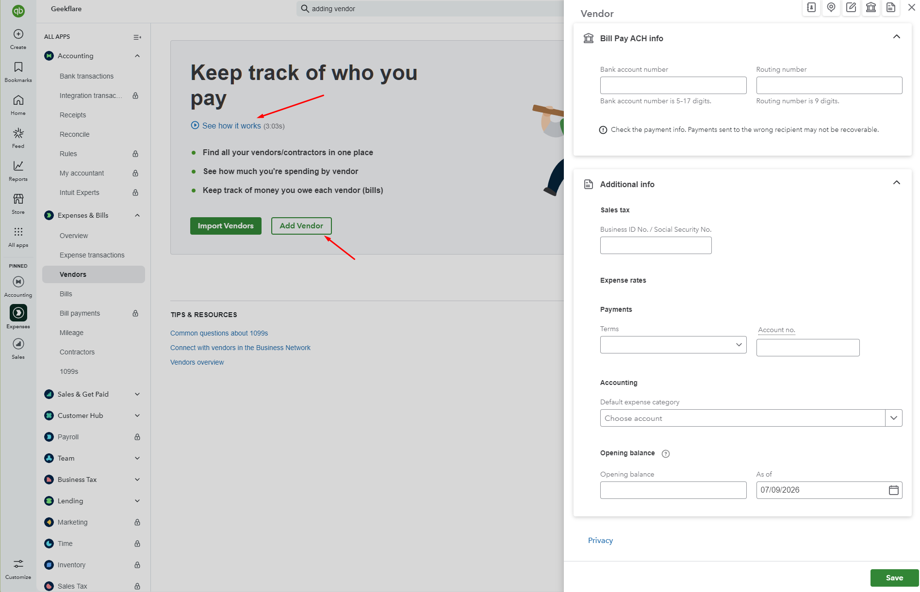 Quickbooks pay - adding vendors