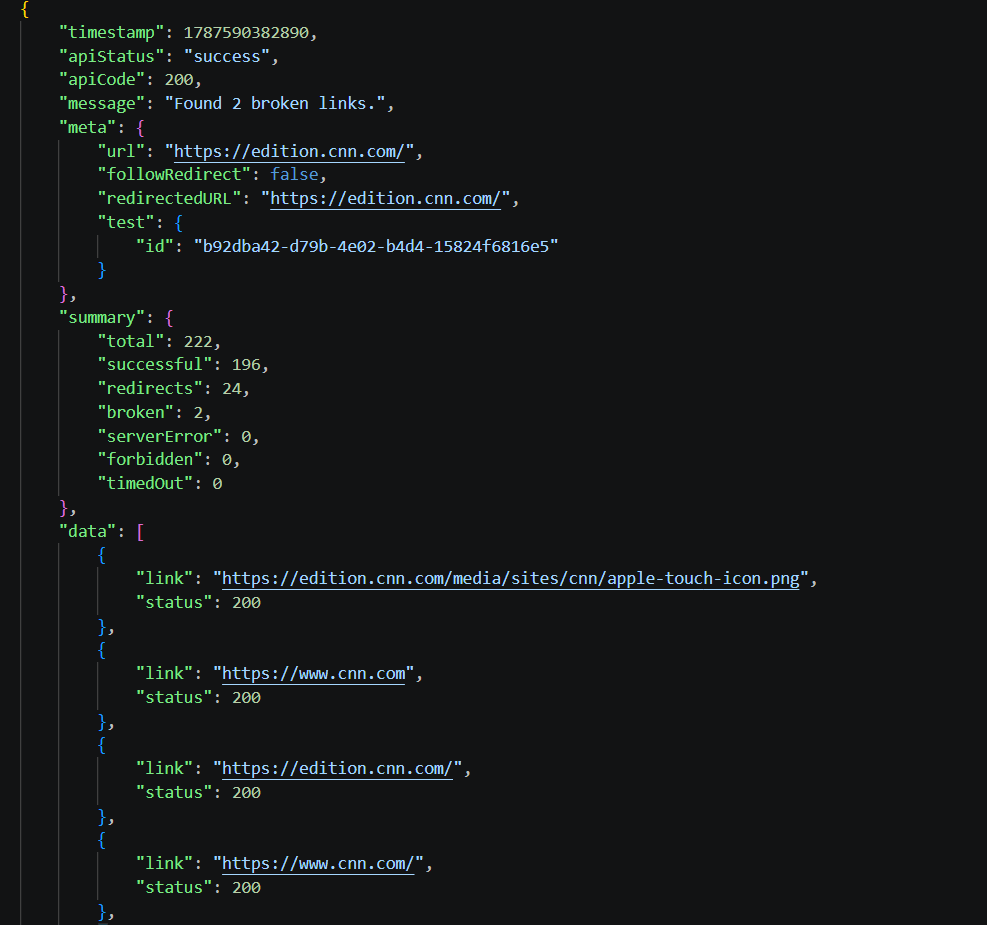 Broken Link Checker API Response