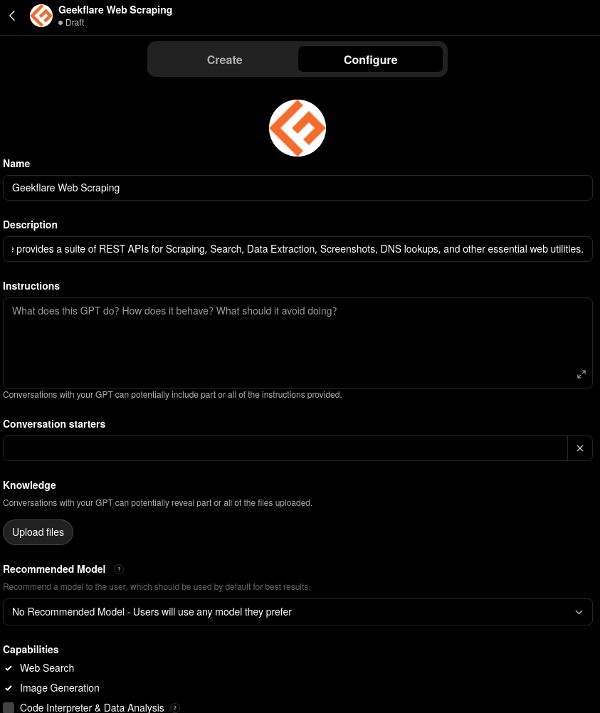 ChatGPT Action Configure menu