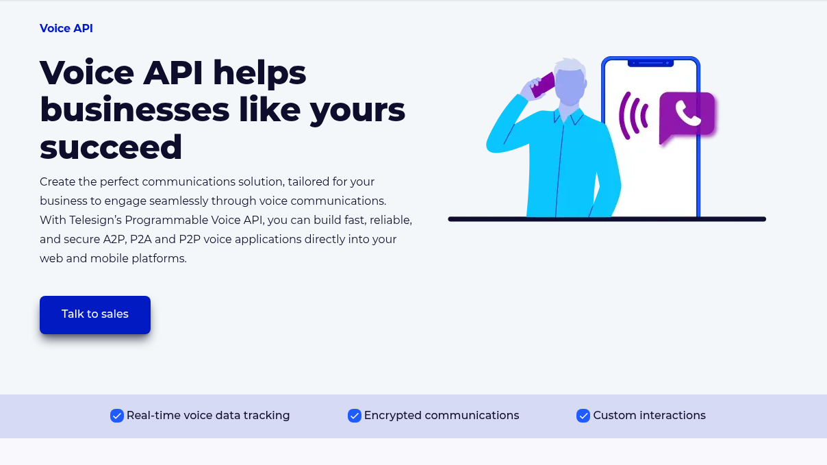 Telesign Voice API page describing trusted communications and call features