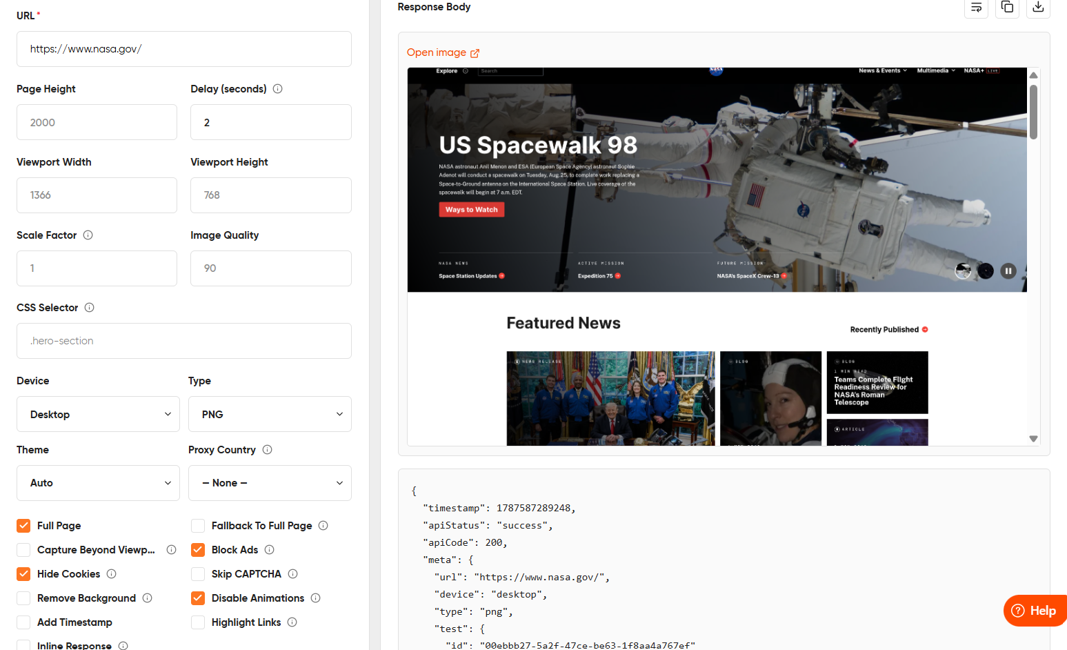 Geekflare Playground Screenshot API Response