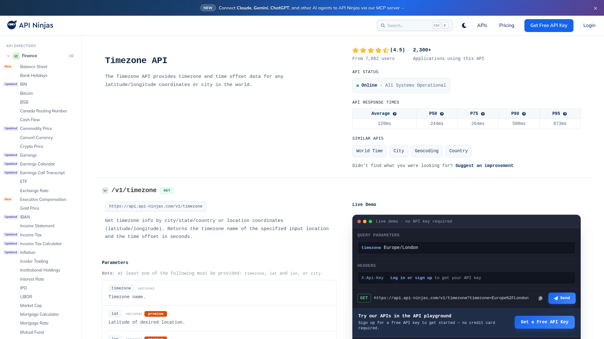 API Ninjas Timezone API live demo playground